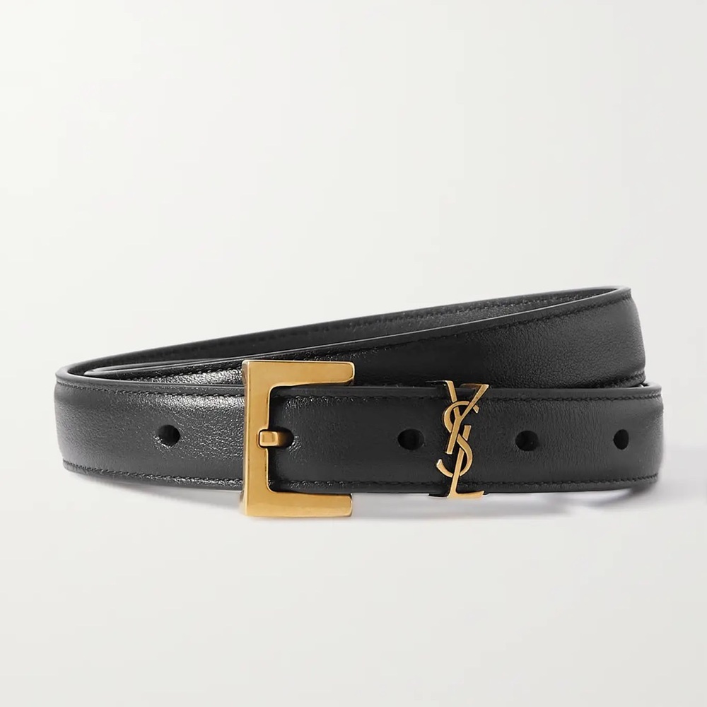 Authentic YSL Cassandra Black Leather Belt with Gold Buckle 75